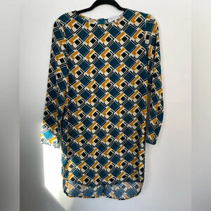 WAYF Long Sleeve Midi Tunic Dress Unlined‎ Gold Turquoise Geometric Pattern